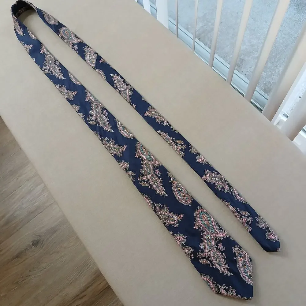 Vintage Gentry Navy Paisley Mens Necktie classic 70s pink yellow retro